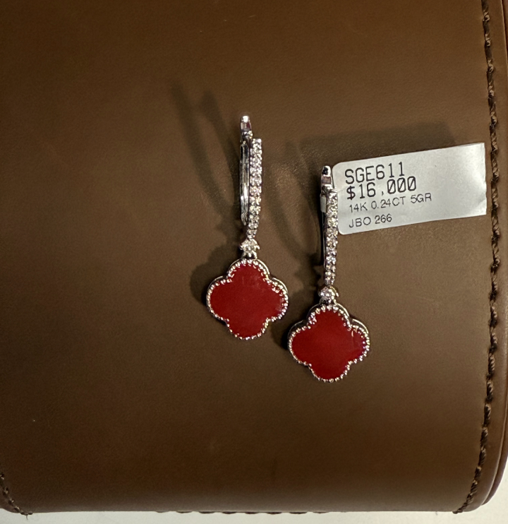 Van Cleef Style Enamel 14k White Gold Earrings