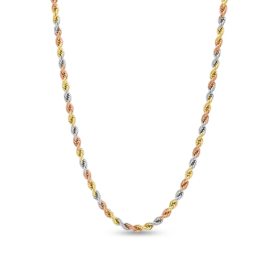 14k Tri Tone 3mm Semi-Solid Rope Chain Necklace