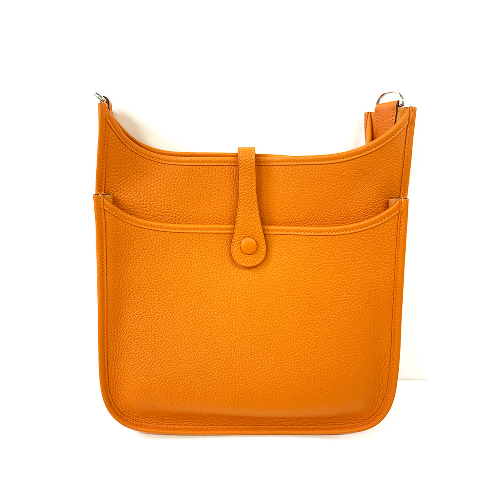 HERMES Etain Bag 33cm, Orange, Taurillon Clemence Leather, Gold Hardware