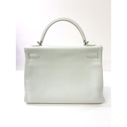 HERMES Kelly 32cm, White, Togo Leather, Palladium Hardware