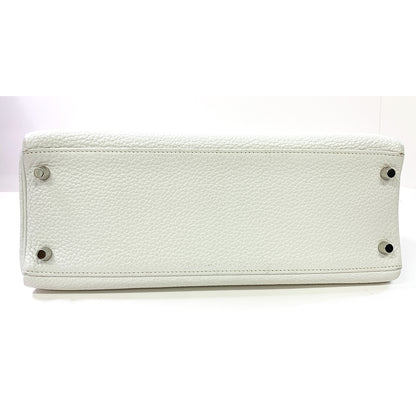 HERMES Kelly 32cm, White, Togo Leather, Palladium Hardware
