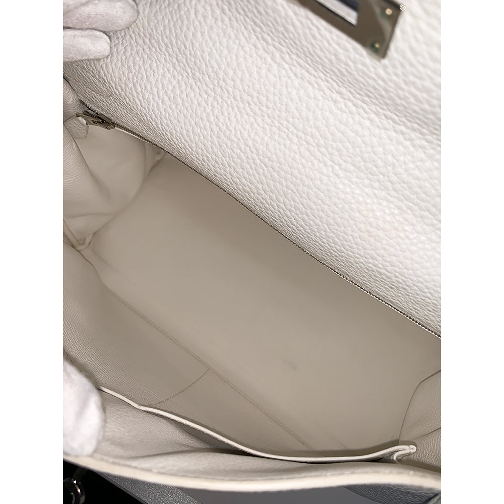 HERMES Kelly 32cm, White, Togo Leather, Palladium Hardware