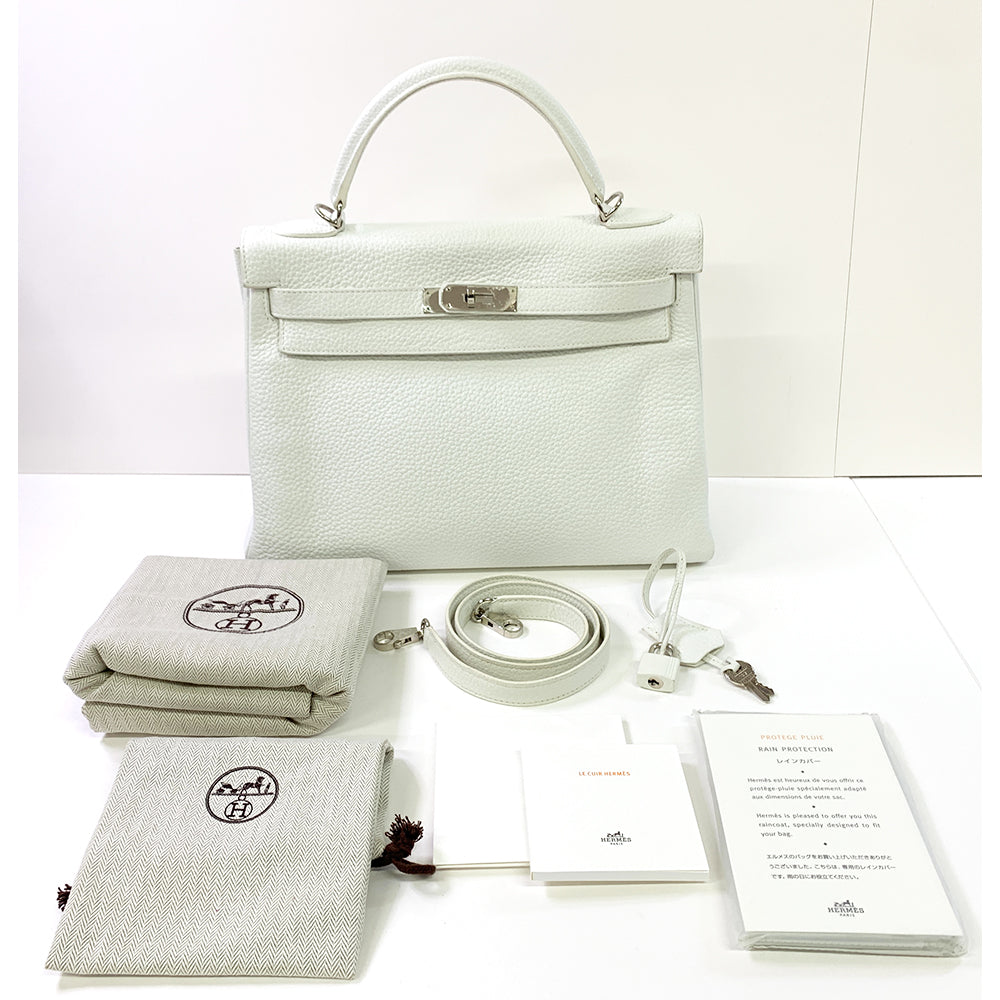 HERMES Kelly 32cm, White, Togo Leather, Palladium Hardware