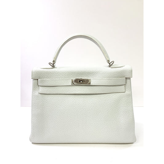 HERMES Kelly 32cm, White, Togo Leather, Palladium Hardware