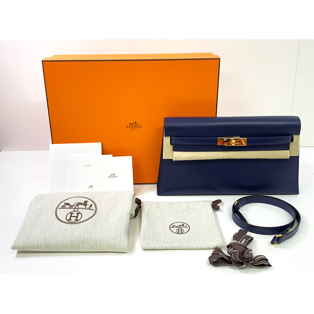 HERMES Kelly Cut 18cm, Dark Blue, Mysore Goatskin Leather, Gold Hardware