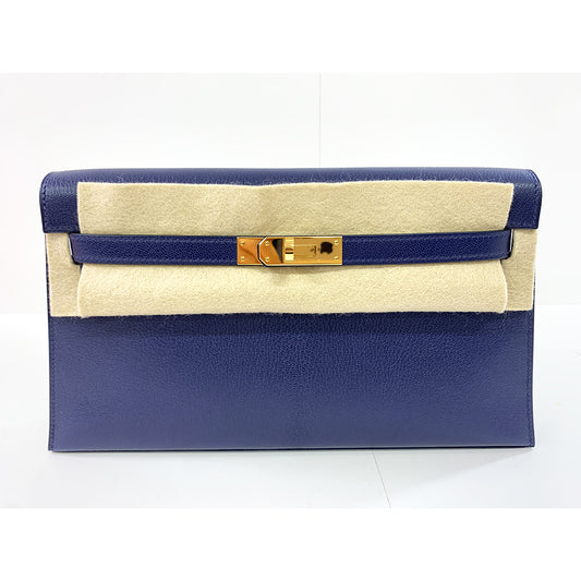 HERMES Kelly Cut 18cm, Dark Blue, Mysore Goatskin Leather, Gold Hardware