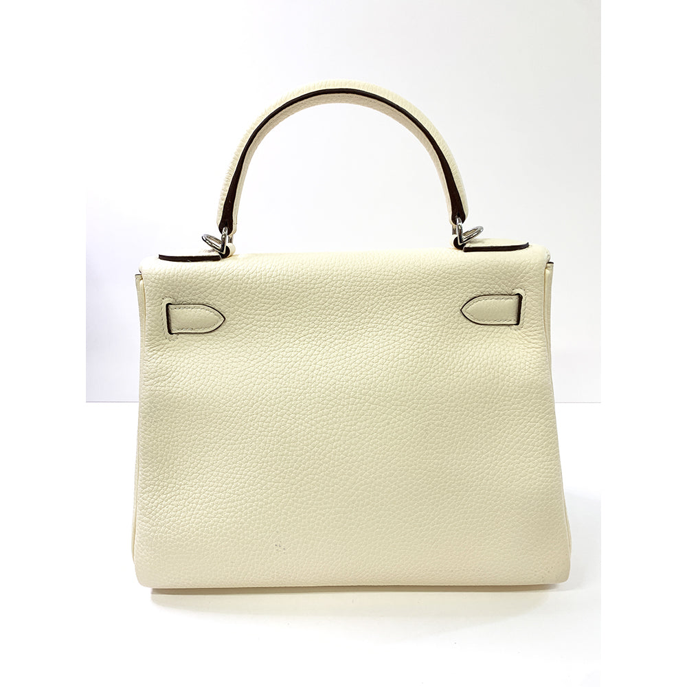 HERMES Kelly 28cm, White, Togo Leather, Paladium Hardware