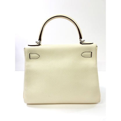 HERMES Kelly 28cm, White, Togo Leather, Paladium Hardware