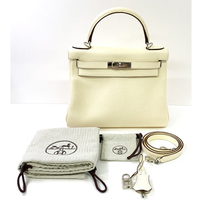 HERMES Kelly 28cm, White, Togo Leather, Paladium Hardware