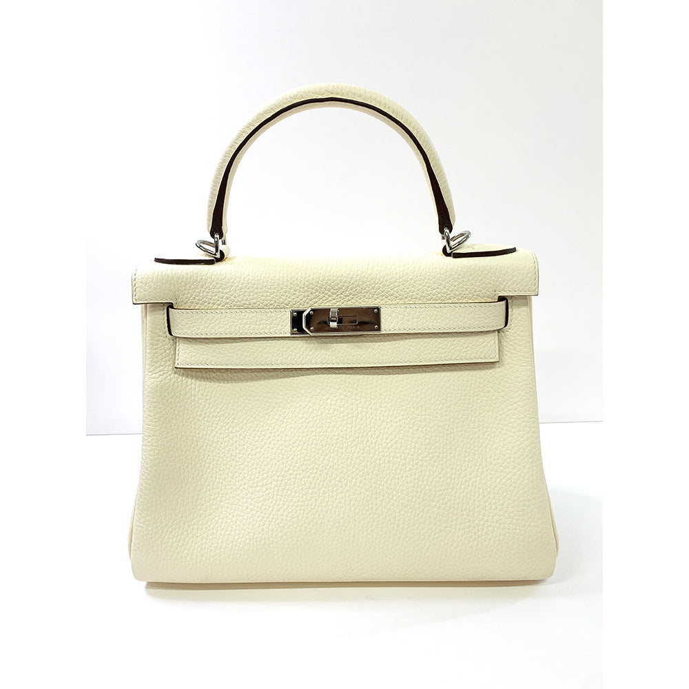 HERMES Kelly 28cm, White, Togo Leather, Paladium Hardware