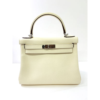 HERMES Kelly 28cm, White, Togo Leather, Paladium Hardware