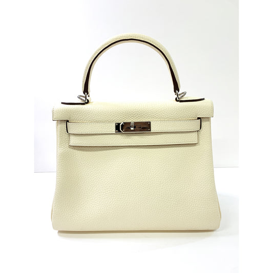 HERMES Kelly 28cm, White, Togo Leather, Paladium Hardware