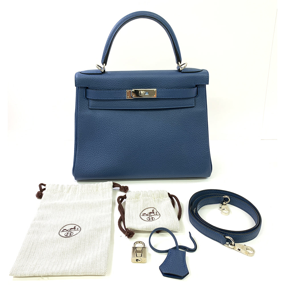 HERMES Kelly 28cm, Navy Blue, Togo Leather, Palladium Hardware