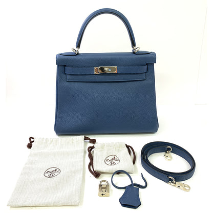 HERMES Kelly 28cm, Navy Blue, Togo Leather, Palladium Hardware