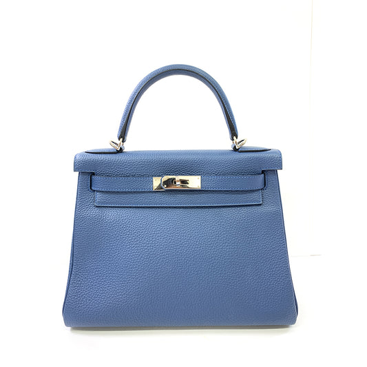 HERMES Kelly 28cm, Navy Blue, Togo Leather, Palladium Hardware