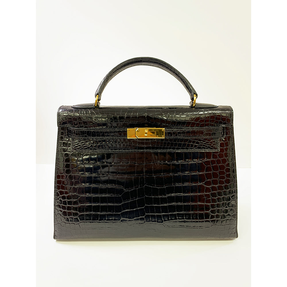 HERMES Kelly 32cm, Black, Porosas Leather, Gold Hardware