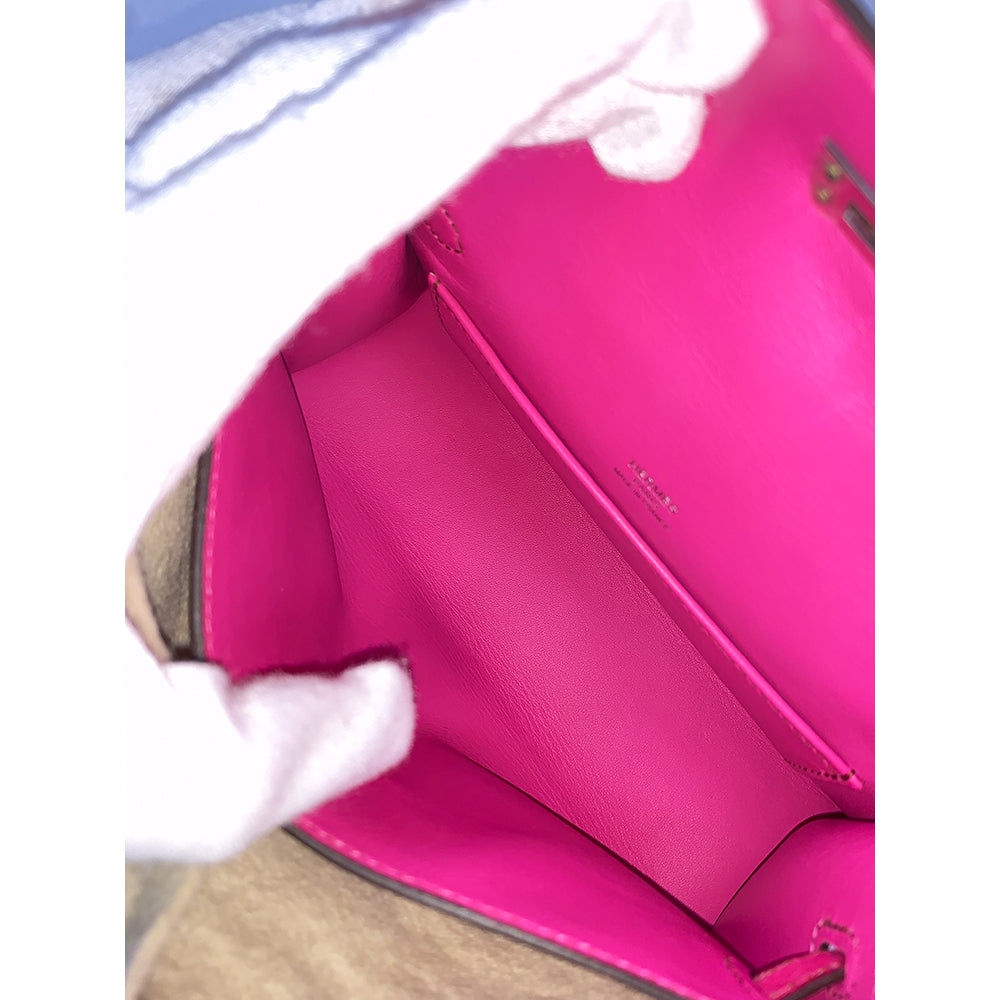 HERMES pochette Kelly 22cm, Pink, Ostrich Leather, Palladium Hardware