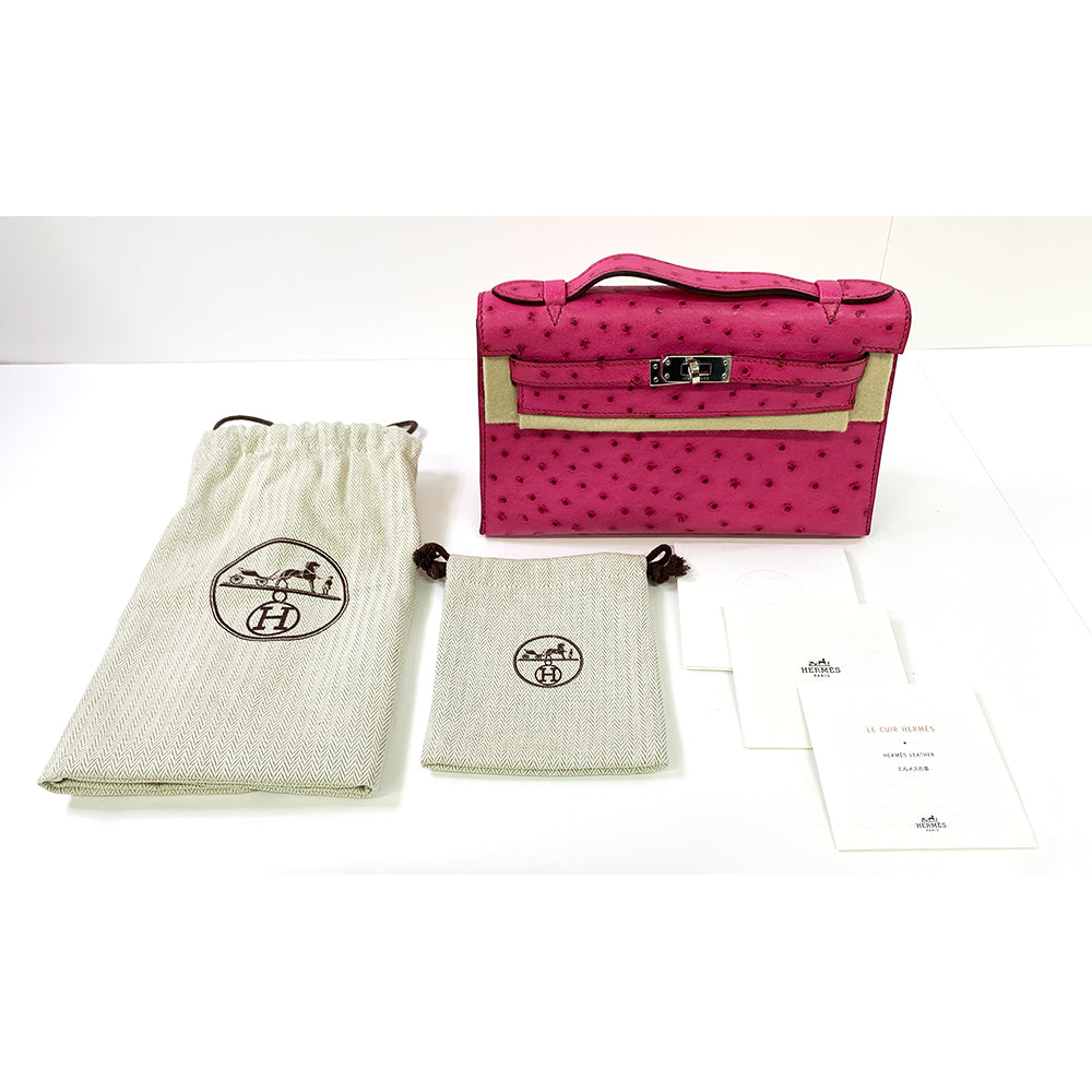 HERMES pochette Kelly 22cm, Pink, Ostrich Leather, Palladium Hardware