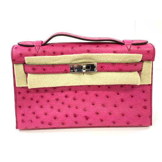 HERMES pochette Kelly 22cm, Pink, Ostrich Leather, Palladium Hardware