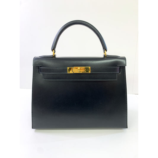 HERMES Kelly 28cm, Black, Calf Leather, Gold Hardware