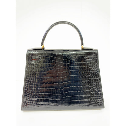 HERMES Kelly 28cm, Black, Porosas Leather, Gold Hardware