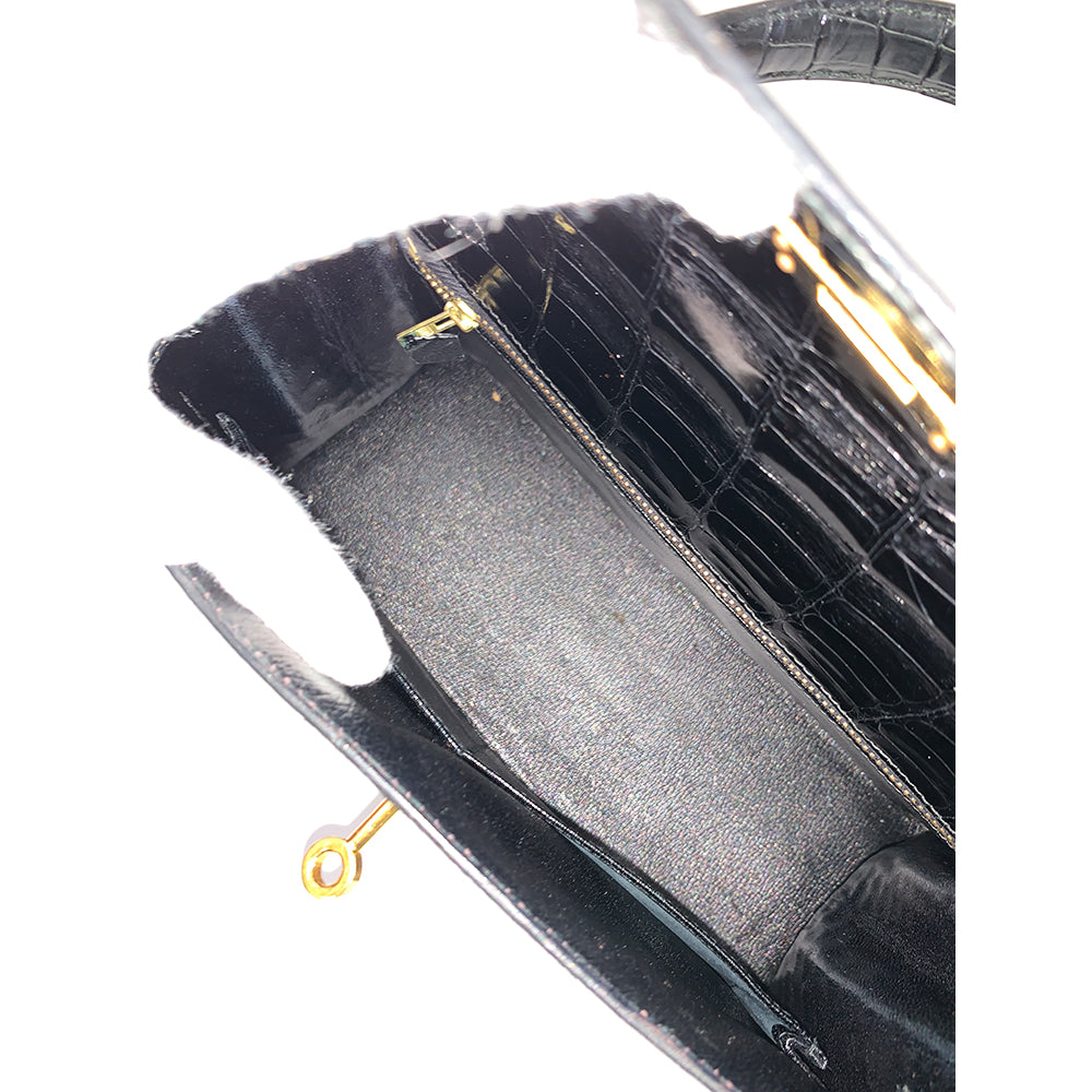 HERMES Kelly 28cm, Black, Porosas Leather, Gold Hardware