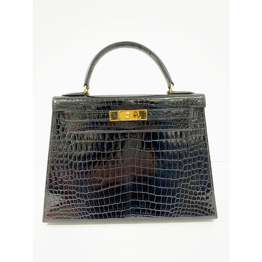 HERMES Kelly 28cm, Black, Porosas Leather, Gold Hardware