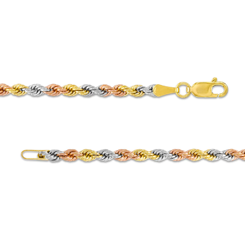 14k Tri Tone 3mm Semi-Solid Rope Chain Necklace