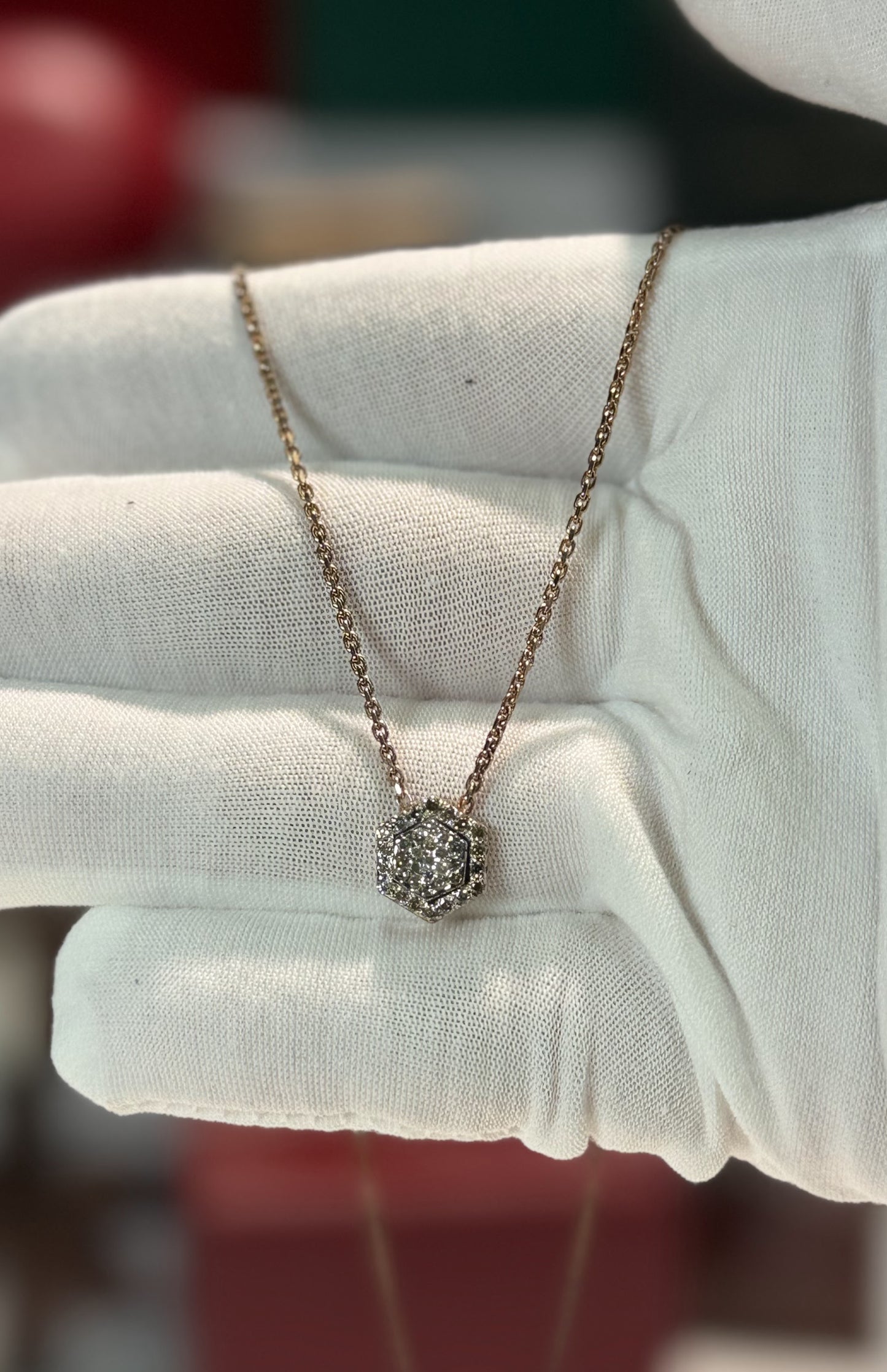 Hexagon Diamond Pendant 14k Rose Gold Necklace