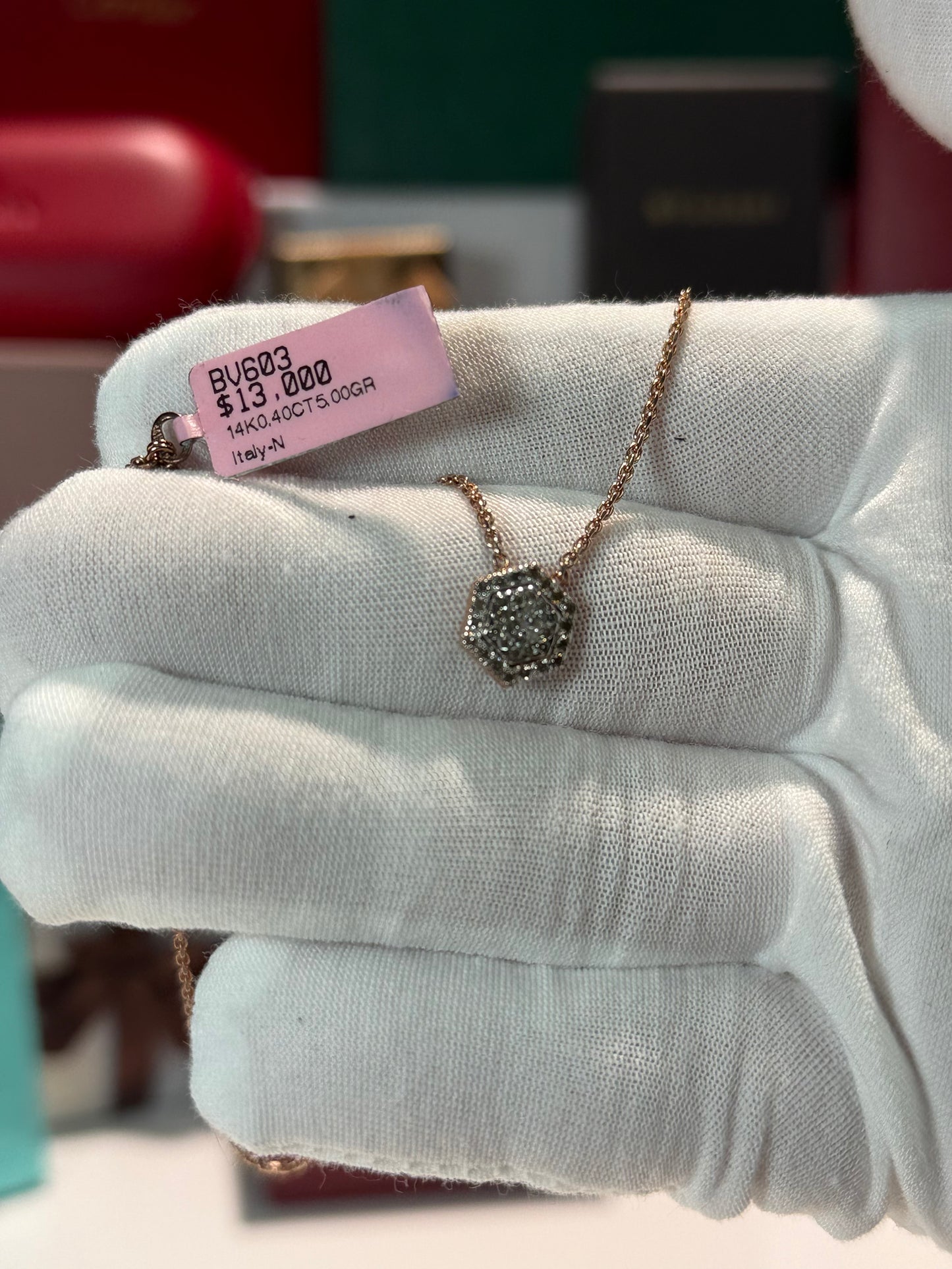 Hexagon Diamond Pendant 14k Rose Gold Necklace
