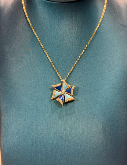 Windmill Enamel Pendant 14k Yellow Gold Necklace