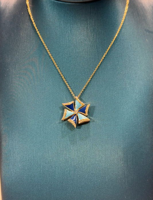Windmill Enamel Pendant 14k Yellow Gold Necklace
