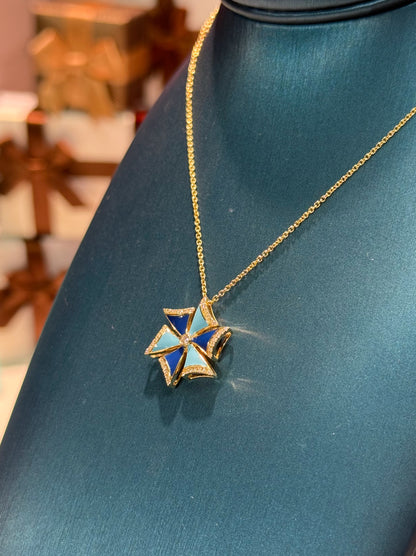 Windmill Enamel Pendant 14k Yellow Gold Necklace