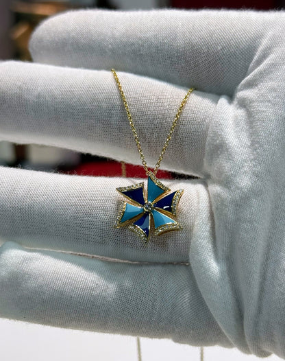 Windmill Enamel Pendant 14k Yellow Gold Necklace