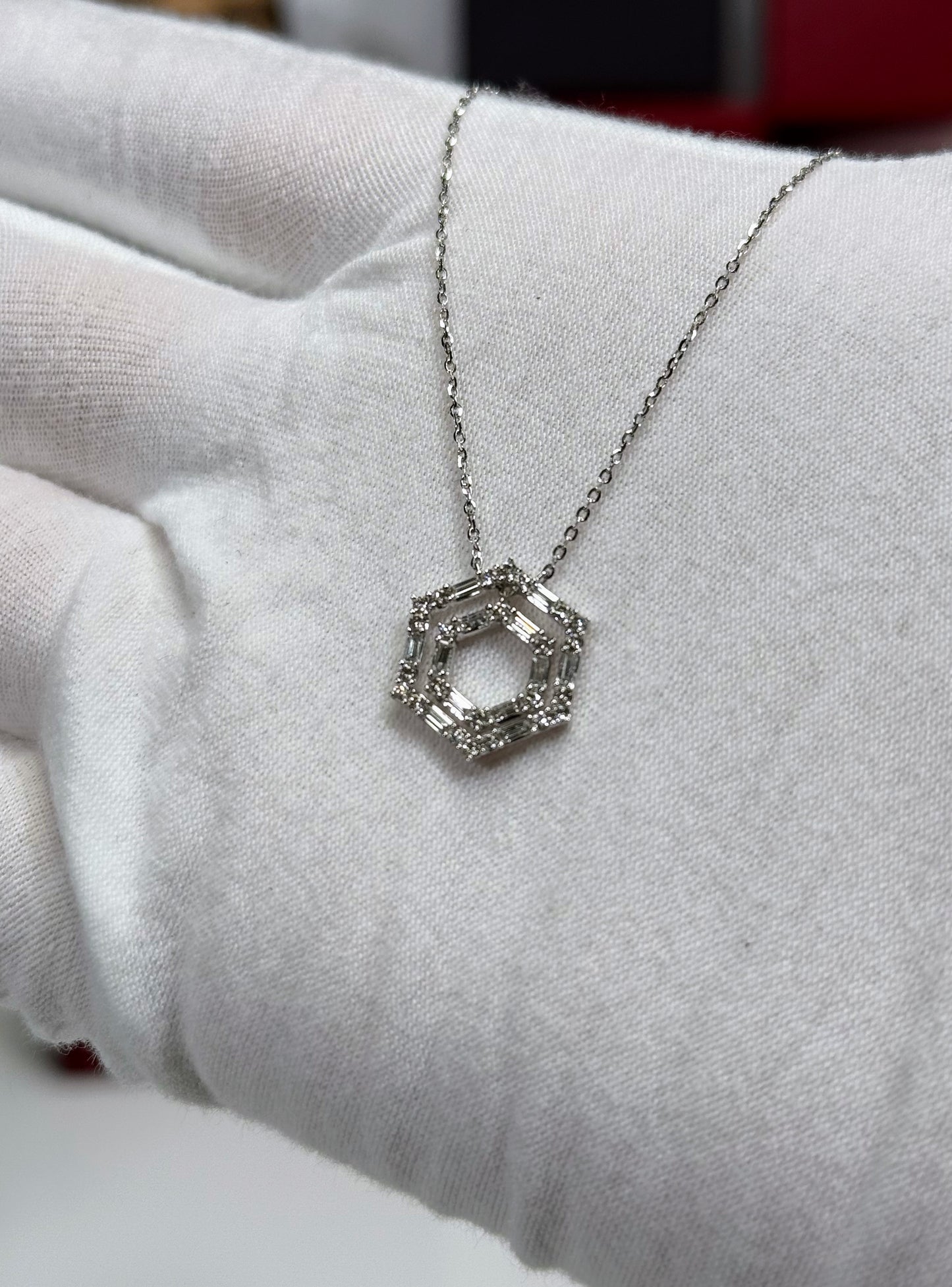 Concentric Hexagon Diamond Pendant 14k White Gold Necklace