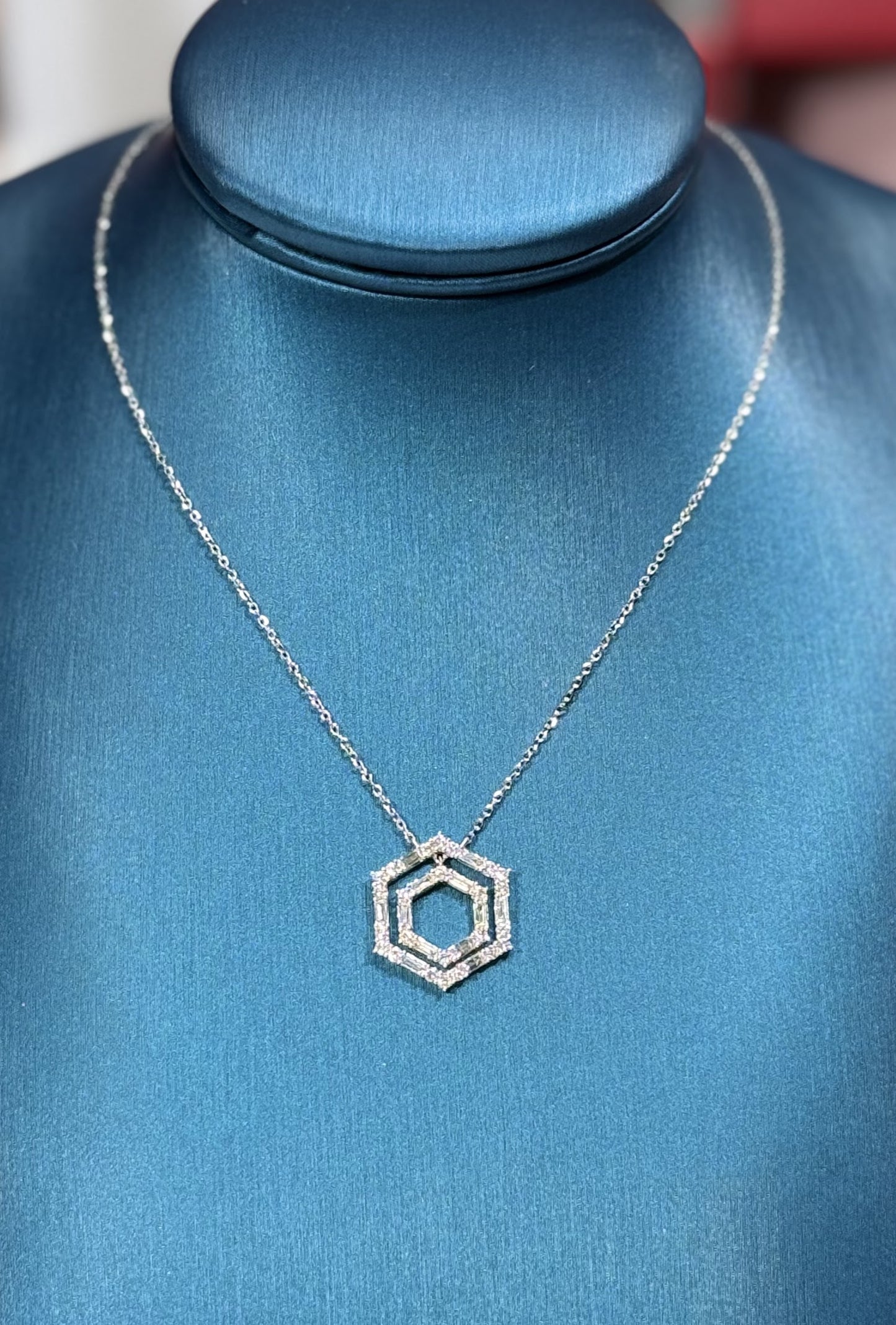 Concentric Hexagon Diamond Pendant 14k White Gold Necklace