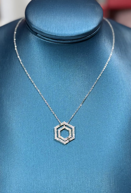Concentric Hexagon Diamond Pendant 14k White Gold Necklace