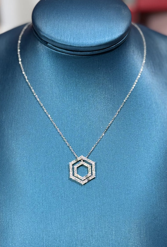 Concentric Hexagon Diamond Pendant 14k White Gold Necklace
