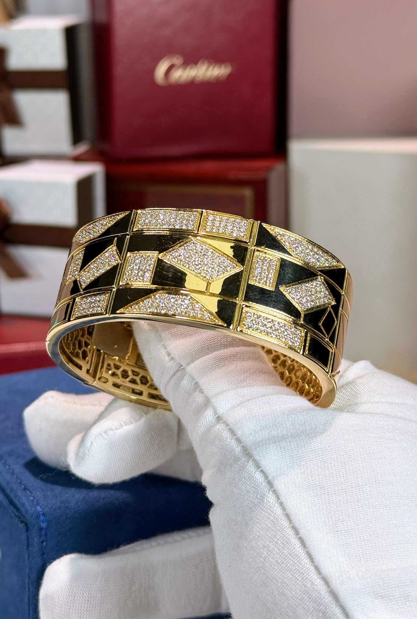 Geometric Shape Diamond and 14k Yellow Gold Bangle