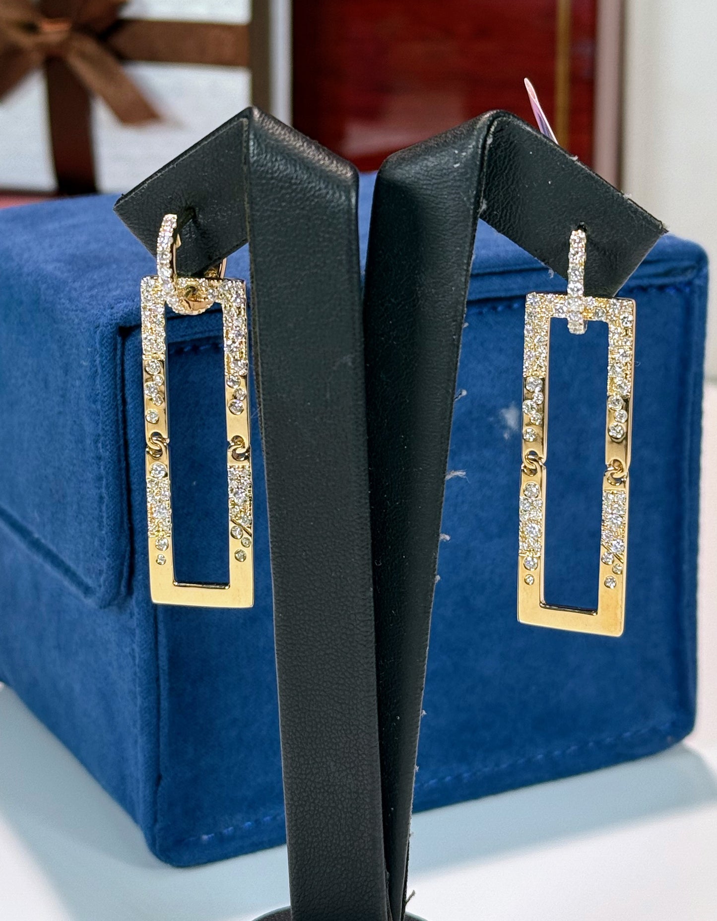 Dangling Rectangle Diamond 14k Yellow Gold Earrings