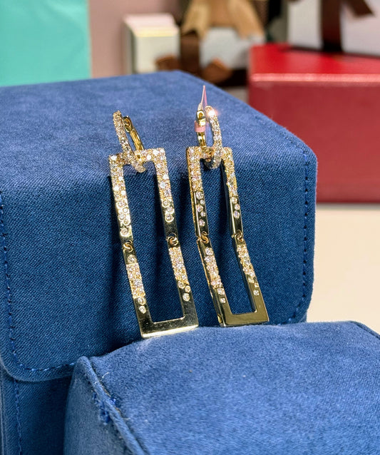 Dangling Rectangle Diamond 14k Yellow Gold Earrings