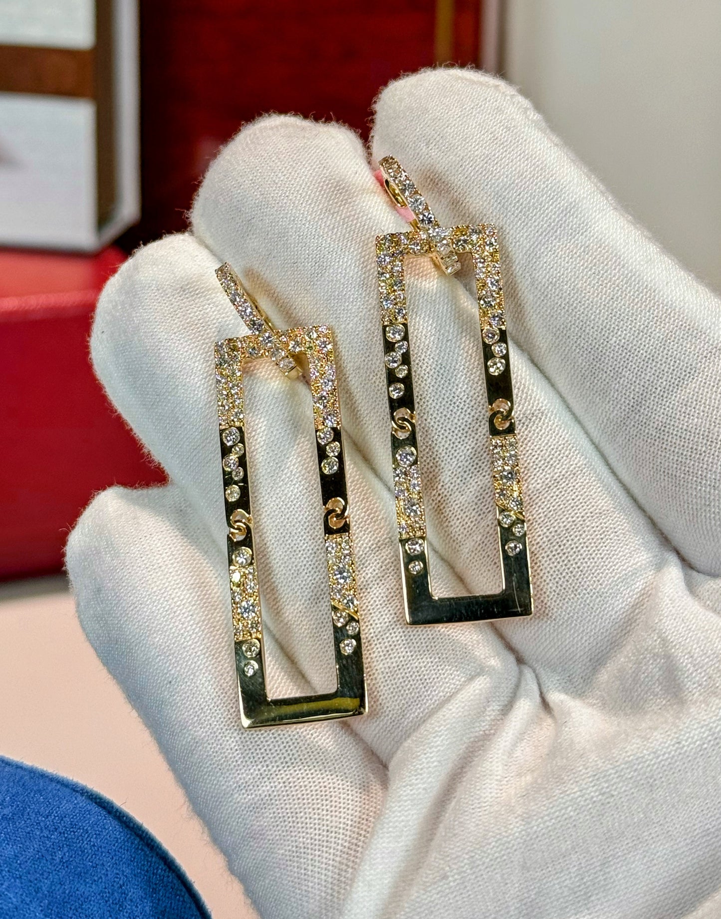Dangling Rectangle Diamond 14k Yellow Gold Earrings