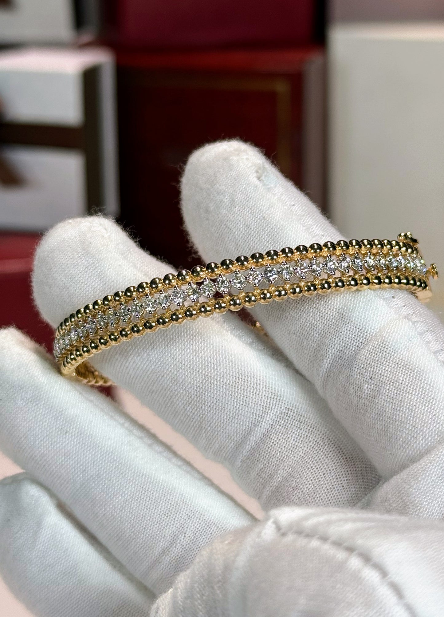 Diamond and Gold Beads 14k Yellow Gold Bangle