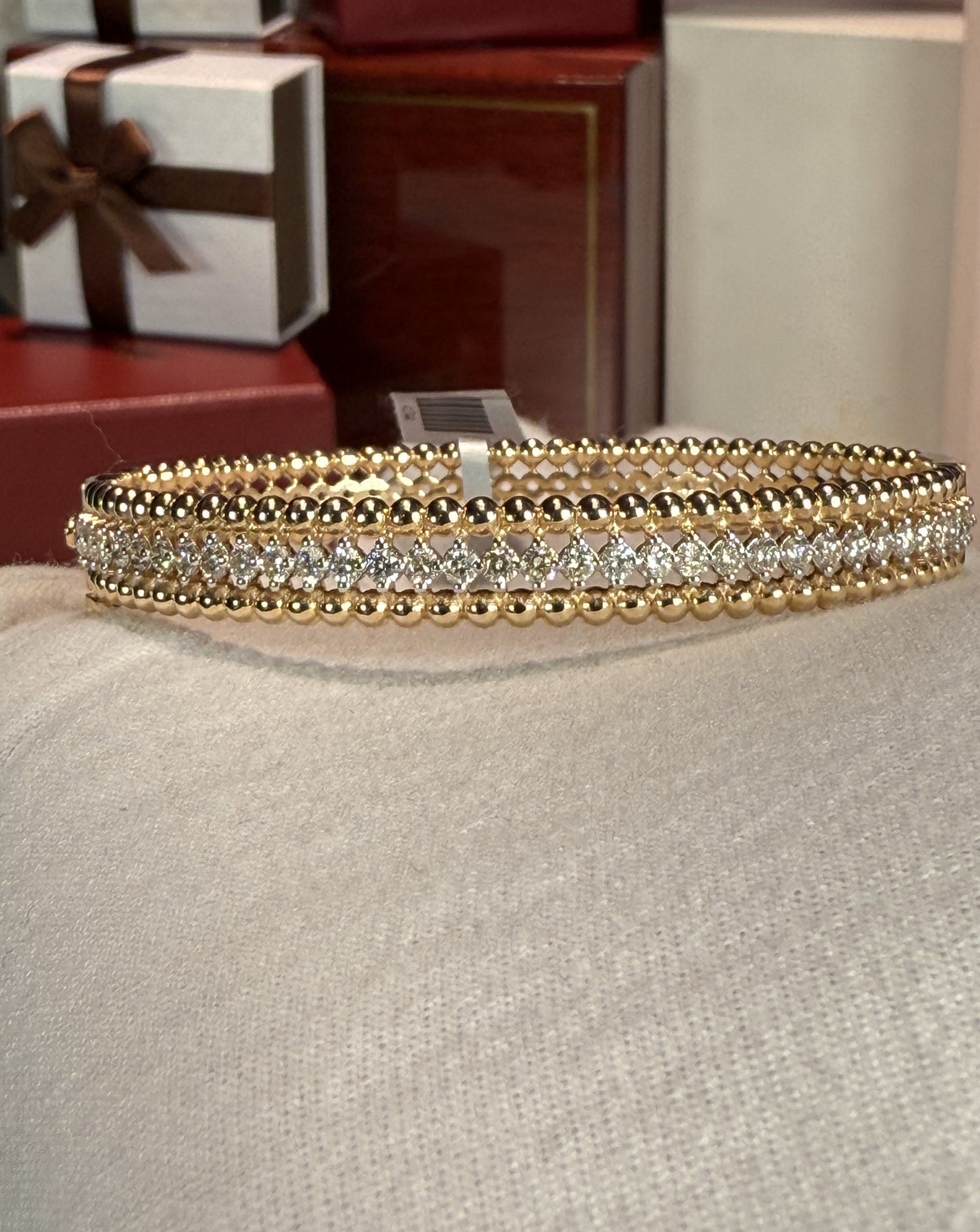 Diamond and Gold Beads 14k Yellow Gold Bangle