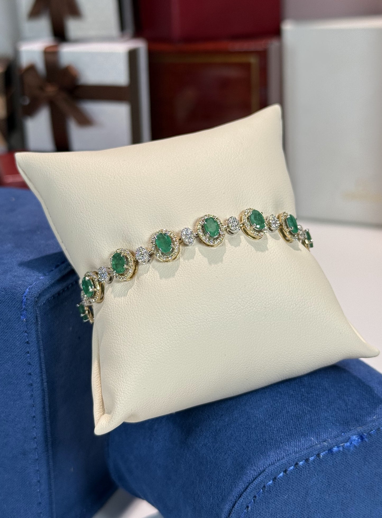 Emerald and Diamond 14k Yellow Gold Halo Bracelet