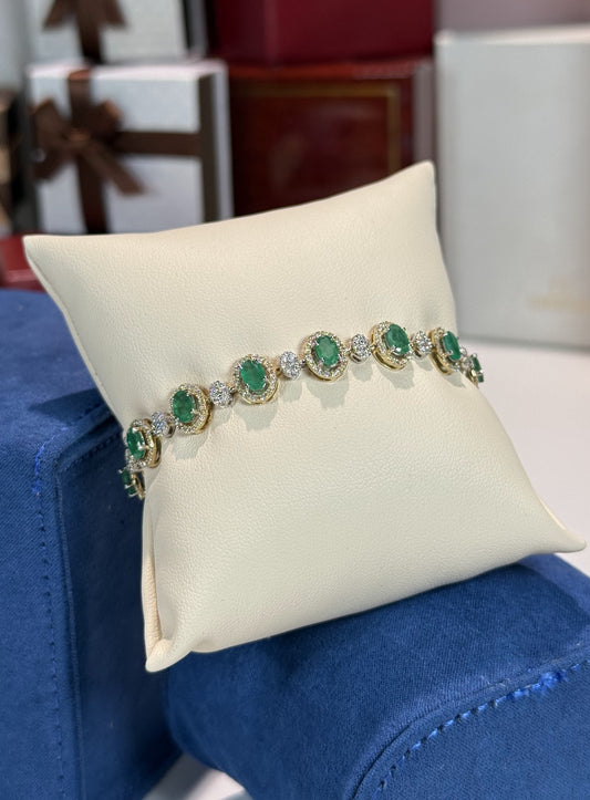 Emerald and Diamond 14k Yellow Gold Halo Bracelet