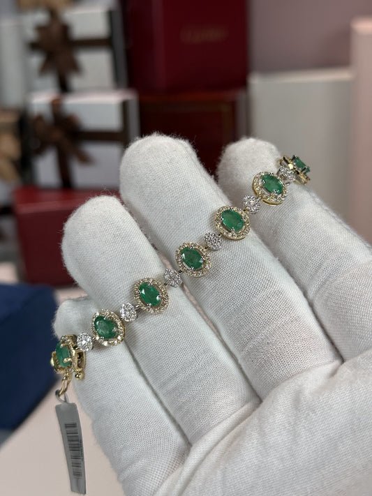 Emerald and Diamond 14k Yellow Gold Halo Bracelet