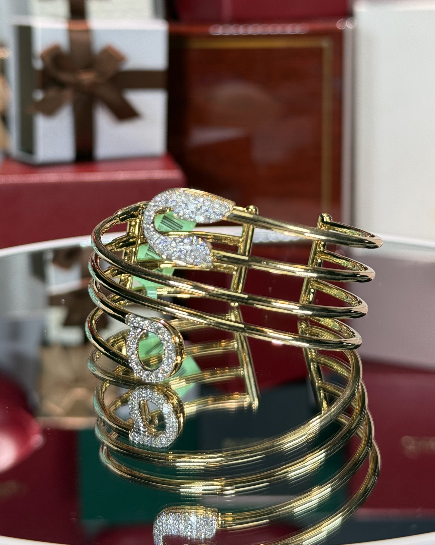 Three Wrap Safety Pin 18k Yellow Gold Diamond Bangle