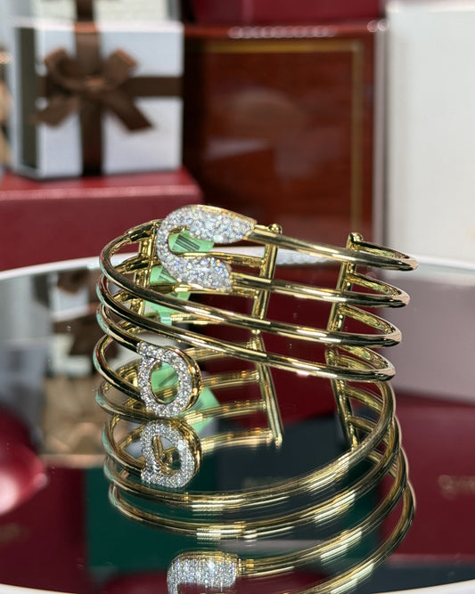 Three Wrap Safety Pin 18k Yellow Gold Diamond Bangle