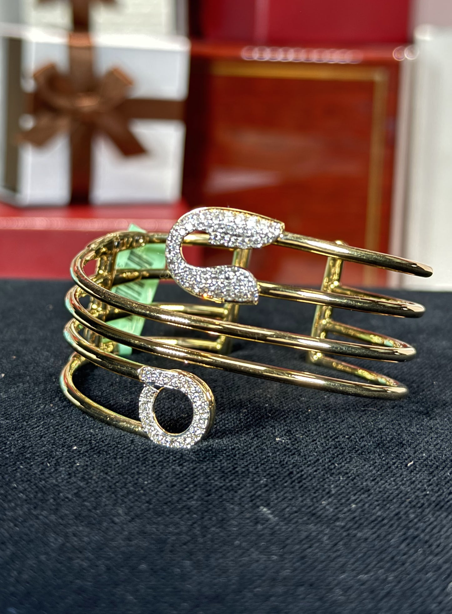 Three Wrap Safety Pin 18k Yellow Gold Diamond Bangle